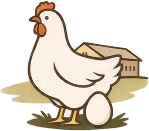 Ilustración de la gallina de Huevo Santa Fe con su huevo y la granja al fondo
